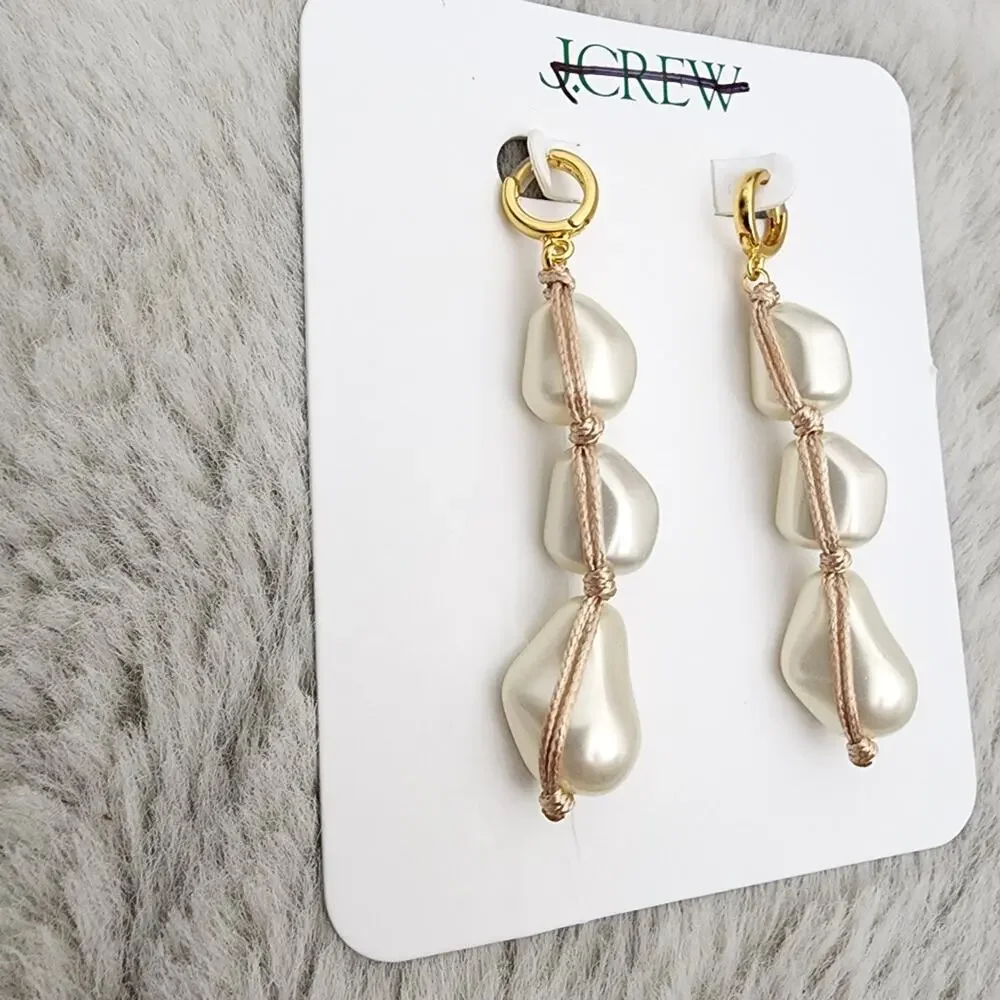 J. Crew Pearl Rope Linear Dangle Earrings Gold Cream Statement NWT